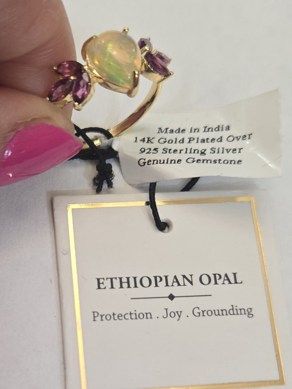14kt Yellow Gold Plated Genuine Ethiopian Opal And Amethyst Stones Ring